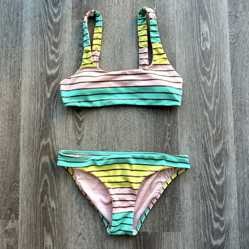Trina Turk Lurex Stripe Bikini Bralette Top Pastel Stripe Swim Size 6 Pink Teal - Picture 2 of 16